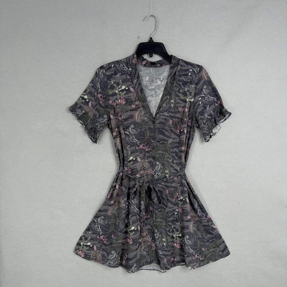 AllSaints Dress Womens Small Gray Floral Bird Print V Neck Belted Mini Fit Flare